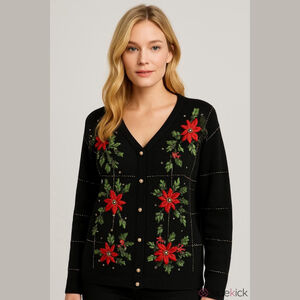 Victoria Jones Black Floral Pointsetta Christmas Beaded Cardigan Sweater -Large